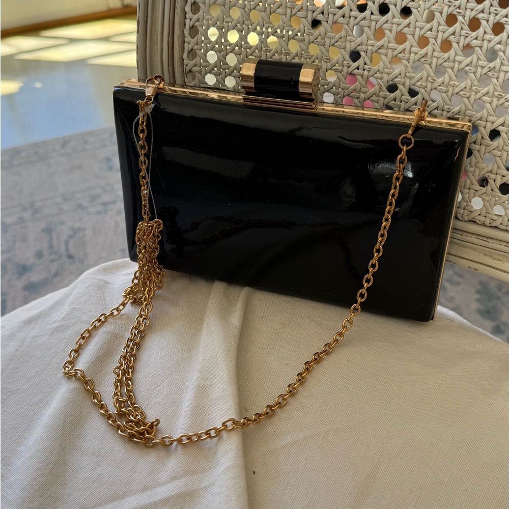 Patent Black Evening Clutch with Gold Chain Strap